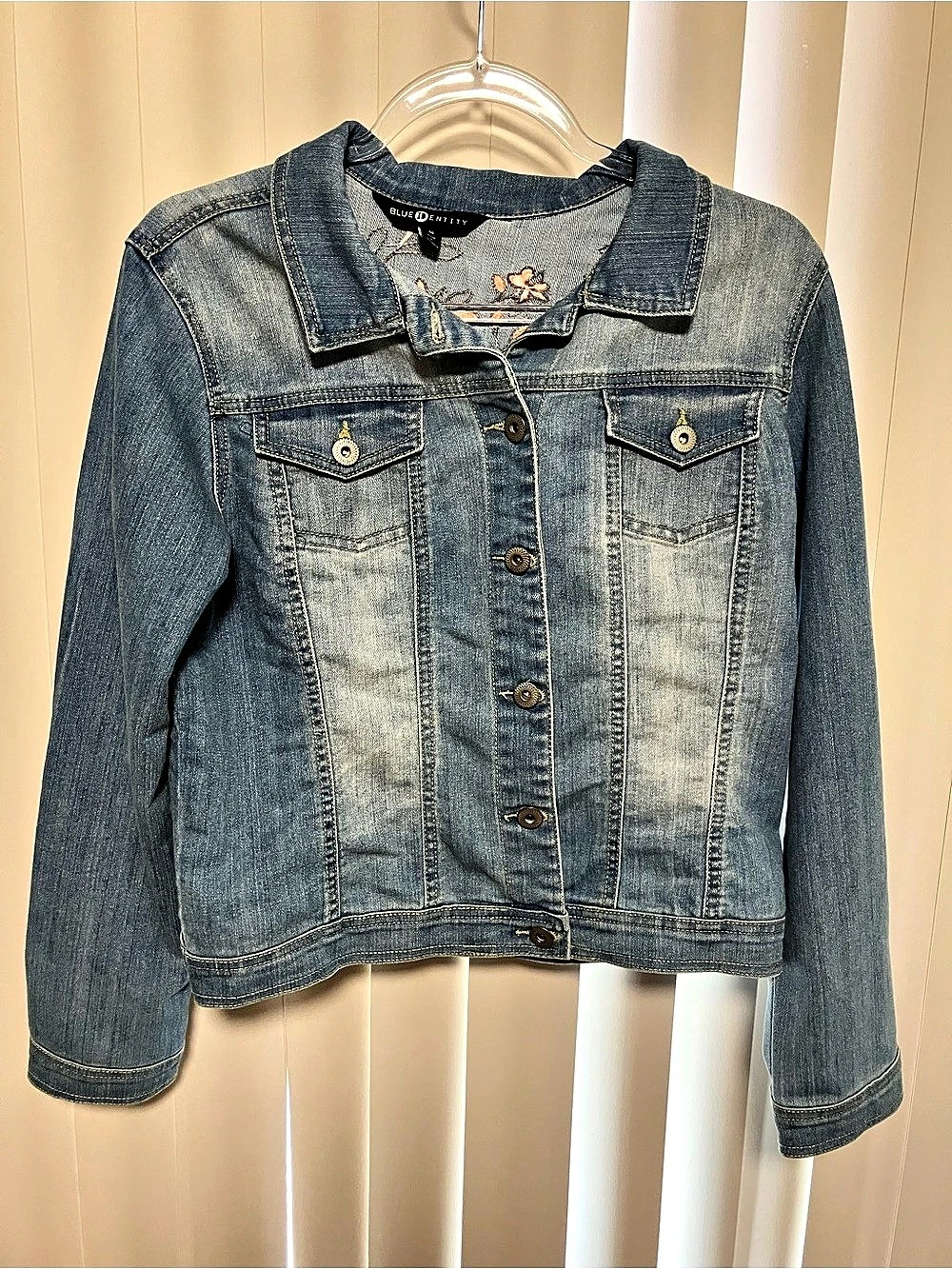 Blue Identity Floral Embroidered Denim Jacket in Blue